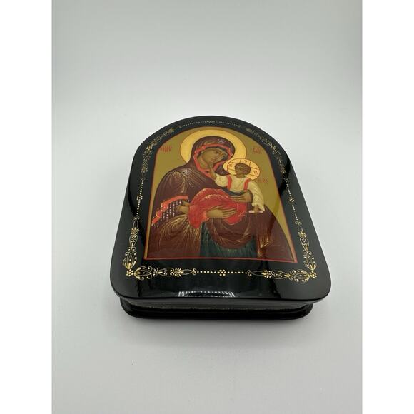Russian Orthodox Icon Lacquer Box Fedoskino Lady of Vladimir (Madonna and Child) - Picture 2 of 9